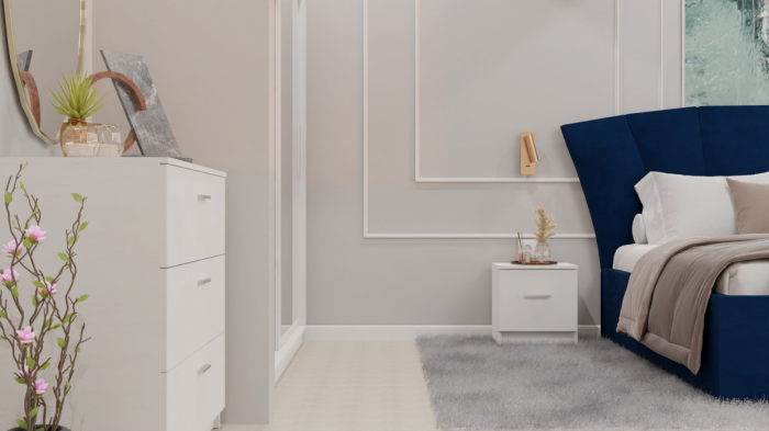 Dormitor Lucas cu Pat Tapitat Stofa Albastru cu dulap 200*200 usi glisante Alb cu oglinda , noptiere si comoda [5]