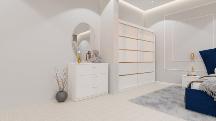 Dormitor Lucas cu Pat Tapitat Stofa Albastru cu dulap 200*200 usi glisante Alb , noptiere si comoda [7]