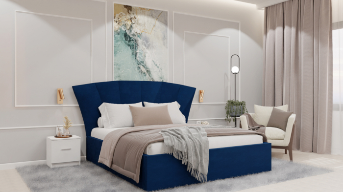 Dormitor Lucas cu Pat Tapitat Stofa Albastru cu dulap 200*200 usi glisante Alb , noptiere si comoda [3]