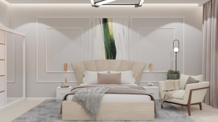 Dormitor Lucas cu Pat Tapitat Stofa Bej cu dulap 200*200 usi glisante Alb cu oglinda , noptiere si comoda [1]