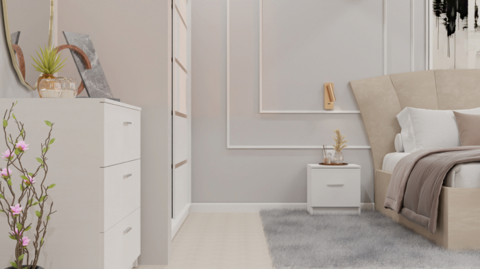 Dormitor Lucas cu Pat Tapitat Stofa Bej cu dulap 200*200 usi glisante Alb , noptiere si comoda [5]