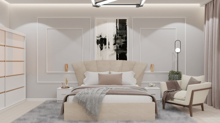 Dormitor Lucas cu Pat Tapitat Stofa Bej cu dulap 200*200 usi glisante Alb , noptiere si comoda [6]