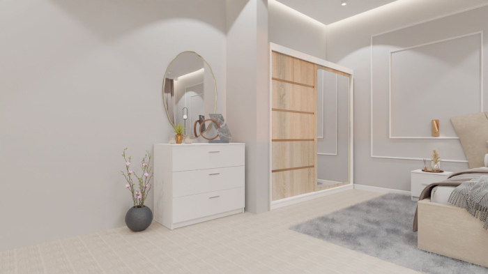 Dormitor Lucas cu Pat Tapitat Stofa Bej cu dulap 200*200 usi glisante Sonoma cu oglinda , noptiere si comoda [7]