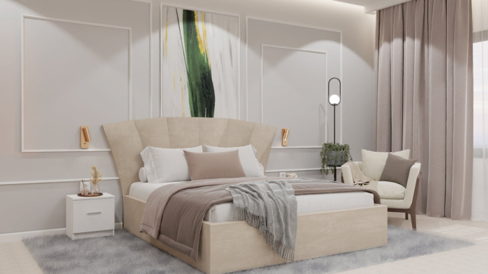 Dormitor Lucas cu Pat Tapitat Stofa Bej cu dulap 200*200 usi glisante Sonoma cu oglinda , noptiere si comoda [8]