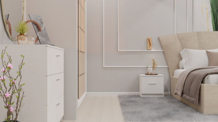 Dormitor Lucas cu Pat Tapitat Stofa Bej cu dulap 200*200 usi glisante Sonoma , noptiere si comoda [10]