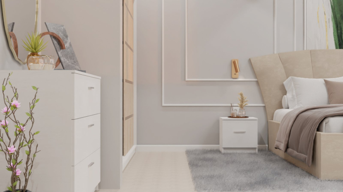 Dormitor Lucas cu Pat Tapitat Stofa Bej cu dulap 200*200 usi glisante Sonoma , noptiere si comoda [5]