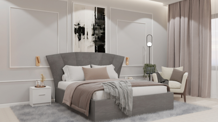 Dormitor Lucas cu Pat Tapitat Stofa Gri cu dulap 200*200 usi glisante Alb cu oglinda , noptiere si comoda [3]