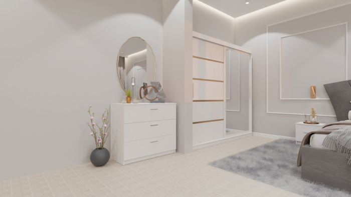 Dormitor Lucas cu Pat Tapitat Stofa Gri cu dulap 200*200 usi glisante Alb cu oglinda , noptiere si comoda [7]