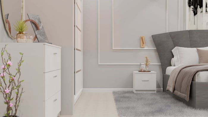 Dormitor Lucas cu Pat Tapitat Stofa Gri cu dulap 200*200 usi glisante Alb , noptiere si comoda [10]