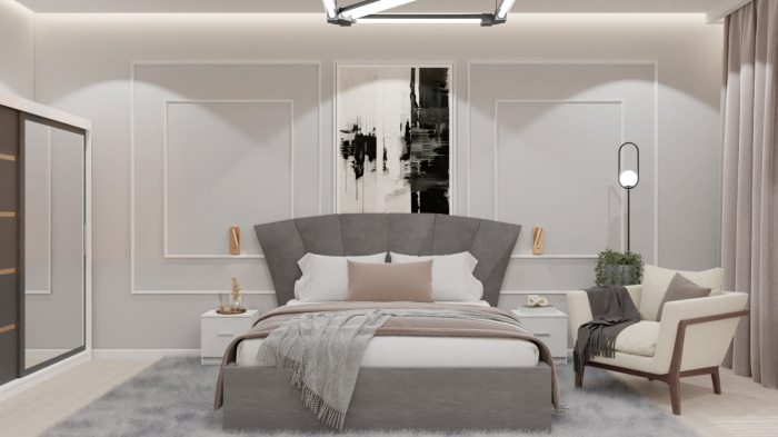 Dormitor Lucas cu Pat Tapitat Stofa Gri cu dulap 200*200 usi glisante Antracit&Alb cu oglinda , noptiere si comoda [6]