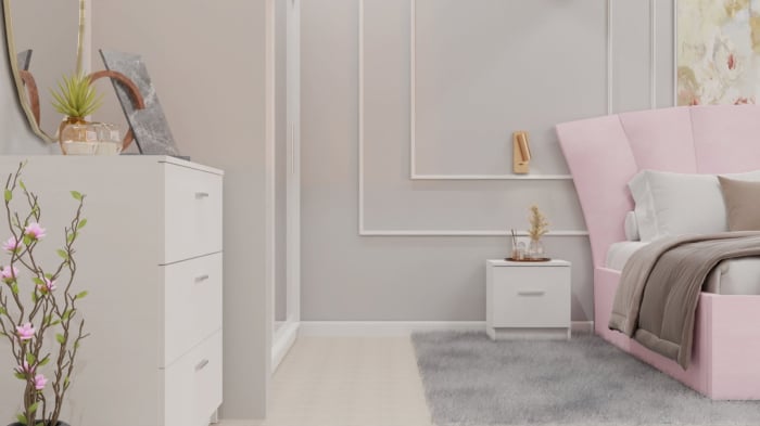 Dormitor Lucas cu Pat Tapitat Stofa Roz cu dulap 200*200 usi glisante Alb cu oglinda , noptiere si comoda [5]