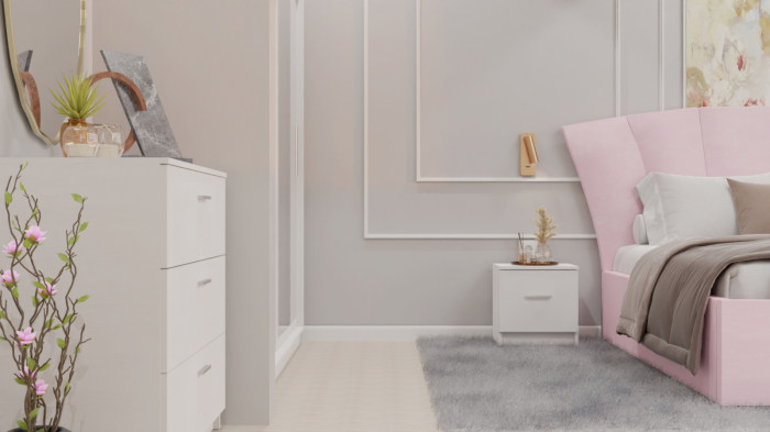 Dormitor Lucas cu Pat Tapitat Stofa Roz cu dulap 200*200 usi glisante Alb cu oglinda , noptiere si comoda [5]