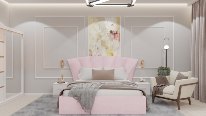 Dormitor Lucas cu Pat Tapitat Stofa Roz cu dulap 200*200 usi glisante Alb cu oglinda , noptiere si comoda [1]