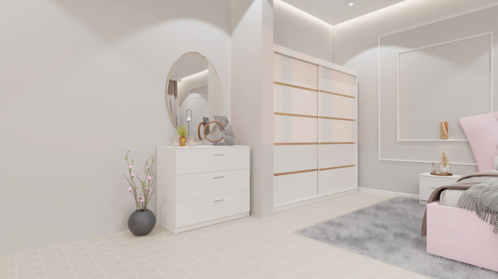 Dormitor Lucas cu Pat Tapitat Stofa Roz cu dulap 200*200 usi glisante Alb , noptiere si comoda [2]