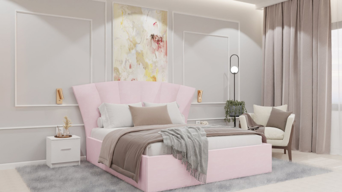 Dormitor Lucas cu Pat Tapitat Stofa Roz cu dulap 200*200 usi glisante Alb , noptiere si comoda [3]