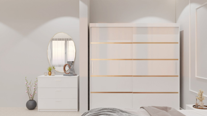 Dormitor Lucas cu Pat Tapitat Stofa Roz cu dulap 200*200 usi glisante Alb , noptiere si comoda [9]