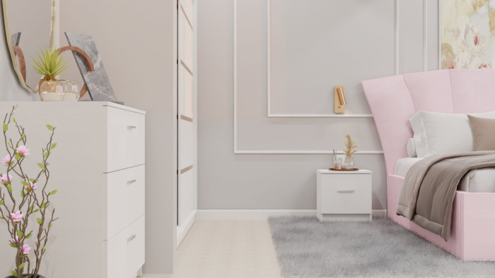 Dormitor Lucas cu Pat Tapitat Stofa Roz cu dulap 200*200 usi glisante Alb , noptiere si comoda [10]