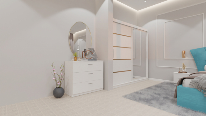 Dormitor Lucas cu Pat Tapitat Stofa Turcoaz cu dulap 200*200 usi glisante Alb cu oglinda , noptiere si comoda [2]