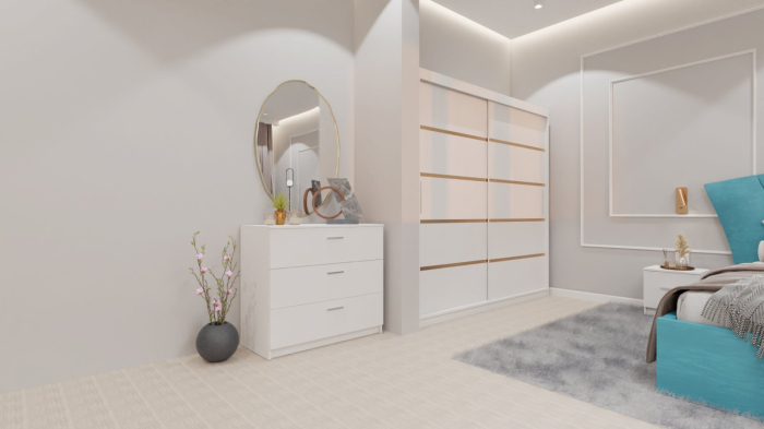 Dormitor Lucas cu Pat Tapitat Stofa Turcoaz cu dulap 200*200 usi glisante Alb , noptiere si comoda [2]