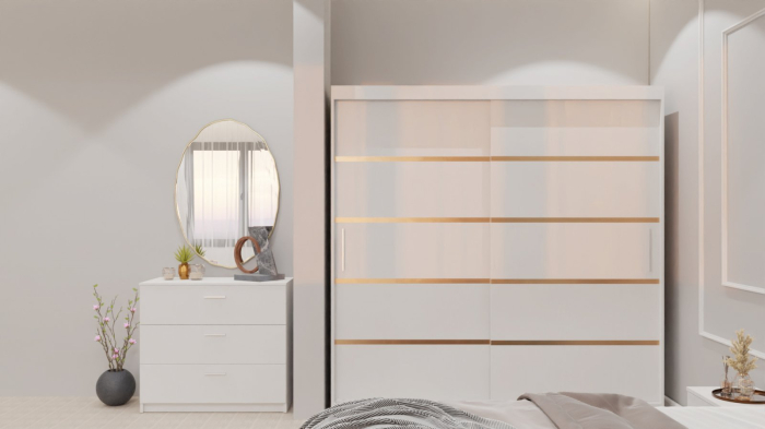 Dormitor Lucas cu Pat Tapitat Stofa Turcoaz cu dulap 200*200 usi glisante Alb , noptiere si comoda [9]