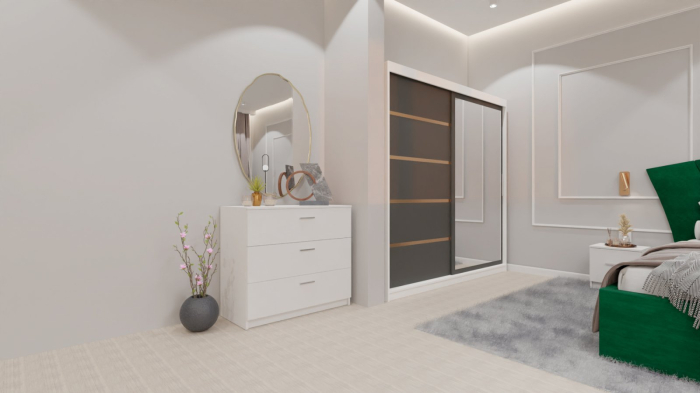 Dormitor Lucas cu Pat Tapitat Stofa Verde cu dulap 200*200 usi glisante Antracit&Alb cu oglinda , noptiere si comoda [2]