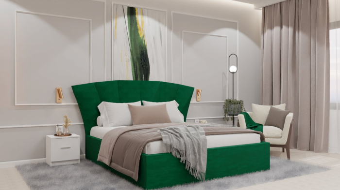 Dormitor Lucas cu Pat Tapitat Stofa Verde cu dulap 200*200 usi glisante Sonoma&Alb cu oglinda , noptiere si comoda [8]