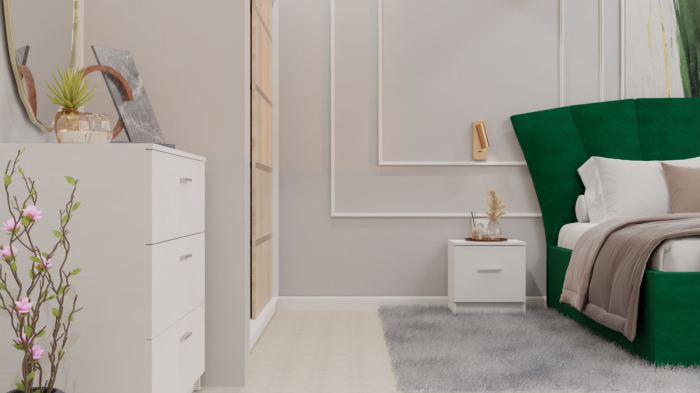 Dormitor Lucas cu Pat Tapitat Stofa Verde cu dulap 200*200 usi glisante Sonoma&Alb , noptiere si comoda [5]