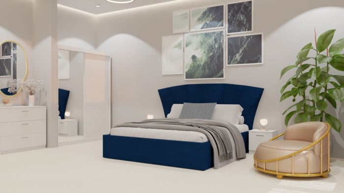 Dormitor Lucas Tapitat Albastru 2 Usi Alb cu Oglinda [7]