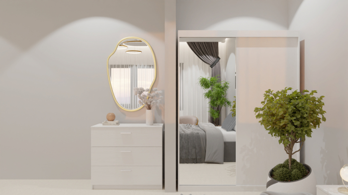 Dormitor Lucas Tapitat Gri 2 Usi Alb cu Oglinda [3]