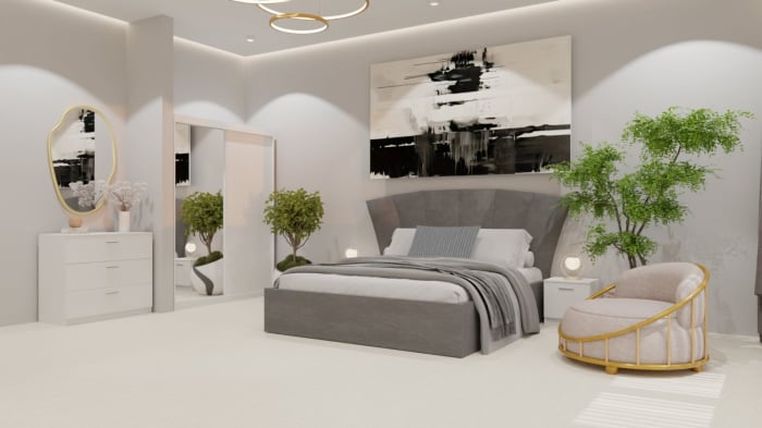 Dormitor Lucas Tapitat Gri 2 Usi Alb cu Oglinda [6]