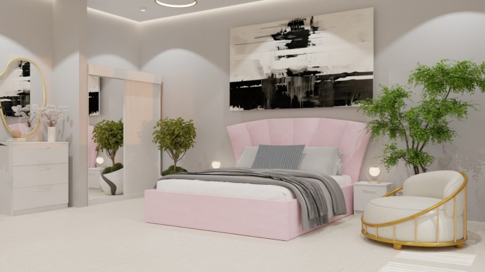 Dormitor Lucas Tapitat Roz 2 Usi Alb cu Oglinda [6]