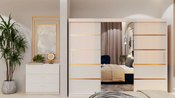 Dormitor Lucas Tapitat Stofa Albastru cu dulap 250*200 usi glisante Alb cu Oglinda, noptiere si comoda [4]