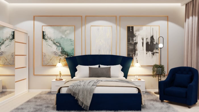 Dormitor Lucas Tapitat Stofa Albastru cu dulap 250*200 usi glisante Alb cu Oglinda, noptiere si comoda [1]