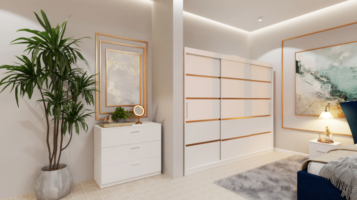 Dormitor Lucas Tapitat Stofa Albastru cu dulap 250*200 usi glisante Alb, noptiere si comoda [2]