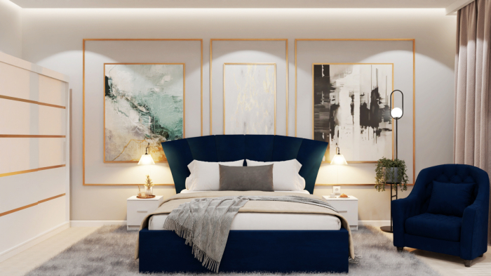 Dormitor Lucas Tapitat Stofa Albastru cu dulap 250*200 usi glisante Alb, noptiere si comoda [1]