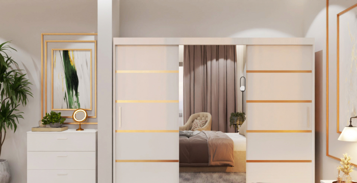 Dormitor Lucas Tapitat Stofa Bej cu dulap 250*200 usi glisante Alb cu Oglinda, noptiere si comoda [4]