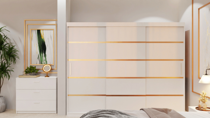 Dormitor Lucas Tapitat Stofa Bej cu dulap 250*200 usi glisante Alb, noptiere si comoda [4]