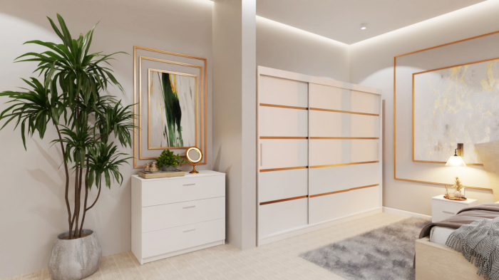 Dormitor Lucas Tapitat Stofa Bej cu dulap 250*200 usi glisante Alb, noptiere si comoda [2]