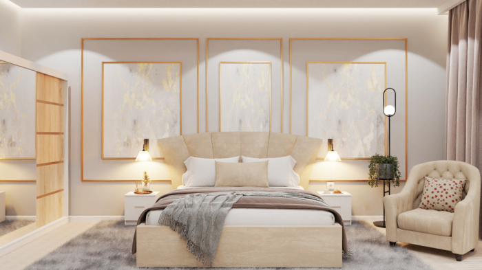 Dormitor Lucas Tapitat Stofa Bej cu dulap 250*200 usi glisante Alb&Sonoma cu Oglinda, noptiere si comoda [1]