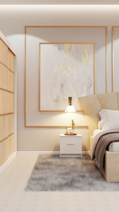 Dormitor Lucas Tapitat Stofa Bej cu dulap 250*200 usi glisante Alb&Sonoma, noptiere si comoda [5]