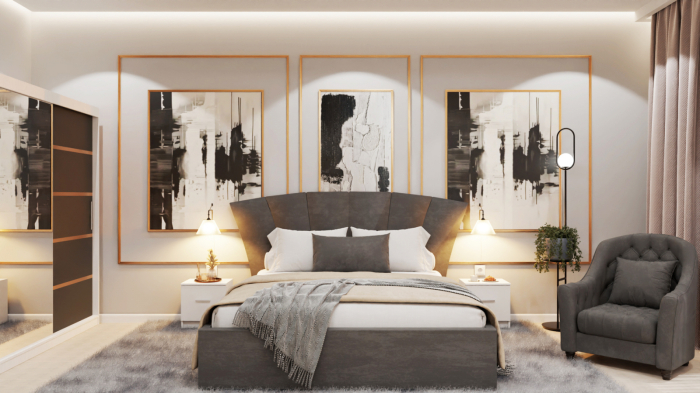 Dormitor Lucas Tapitat Stofa Gri cu dulap 250*200 usi glisante Alb&Antracit cu Oglinda, noptiere si comoda [1]