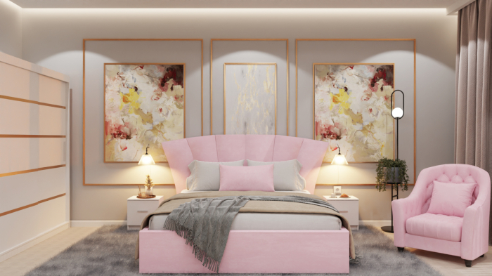 Dormitor Lucas Tapitat Stofa Roz cu dulap 250*200 usi glisante Alb, noptiere si comoda [1]