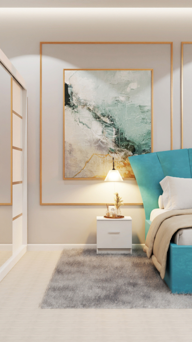 Dormitor Lucas Tapitat Stofa Turcoaz cu dulap 250*200 usi glisante Alb cu Oglinda, noptiere si comoda [5]