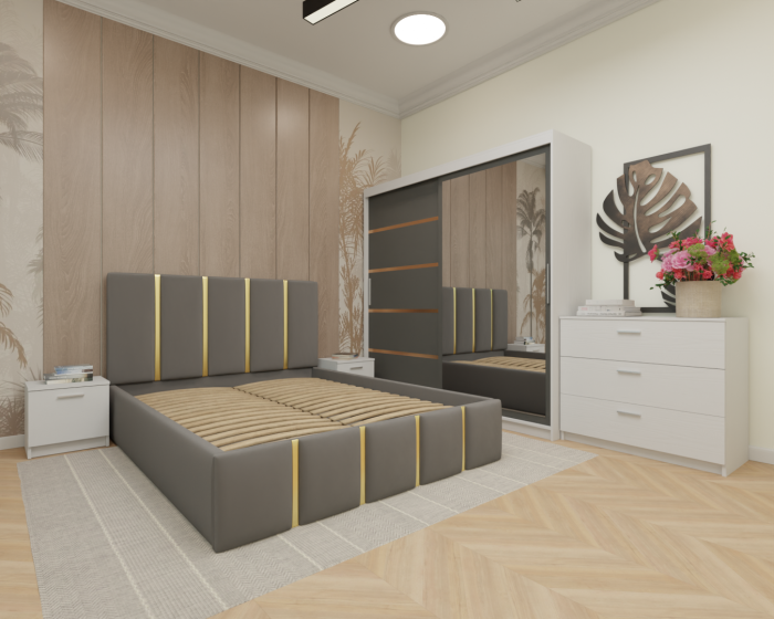 Dormitor MILANO Tapitat, 200X200 Alb&Antracit cu oglinda, Somiera Rabatabila [2]