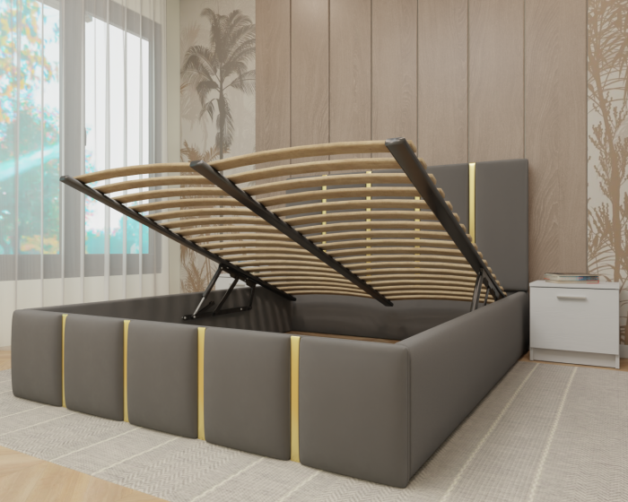 Dormitor MILANO Tapitat, 200X200 Alb&Antracit cu oglinda, Somiera Rabatabila [3]