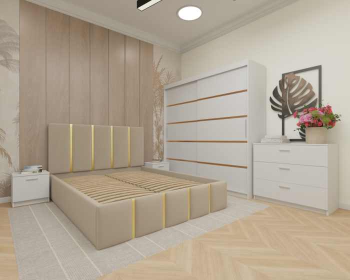 Dormitor MILANO Tapitat, 200X200 Alb fara oglinda, Somiera Rabatabila [2]