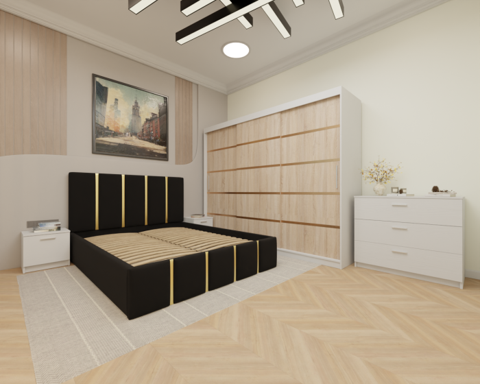 Dormitor MILANO Tapitat, 250X200 Alb&Sonoma fara oglinda, Somiera Rabatabila [2]