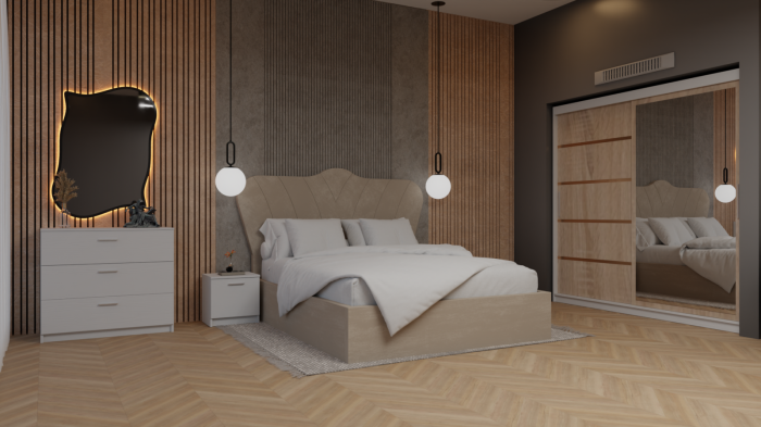 Dormitor Queen Pat Tapitat Dressing 200x200 Alb&Sonoma Cu Oglinda [2]