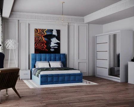 Dormitor Regal cu Pat Tapitat Stofa Albastra cu dulap 200*200 usi glisante Alb cu Oglinda, noptiere si comoda [2]