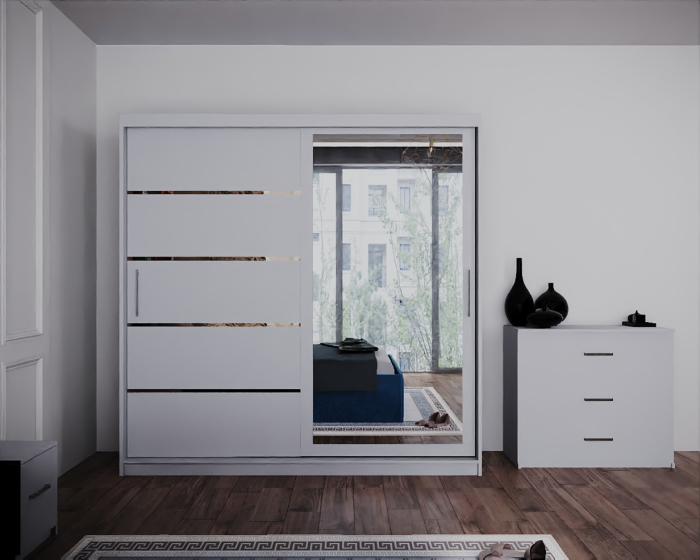 Dormitor Regal cu Pat Tapitat Stofa Albastra cu dulap 200*200 usi glisante Alb cu Oglinda, noptiere si comoda [3]